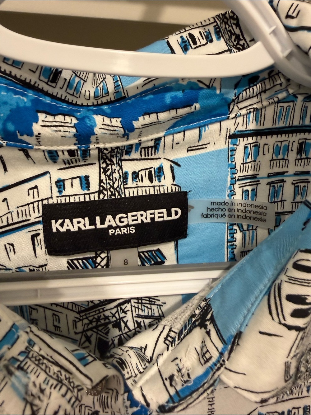 Karl Lagerfeld Blue & White Printed Midi Shirt Dress with Tie Waist - Picture 5 of 5